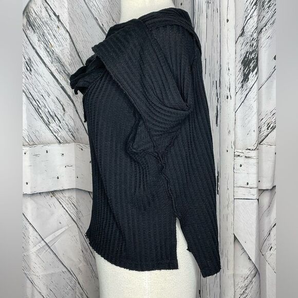 Free People Wildcat Cowl Neck Waffle Knit Thermal Pullover Sweater Black XS - Picture 5 of 7